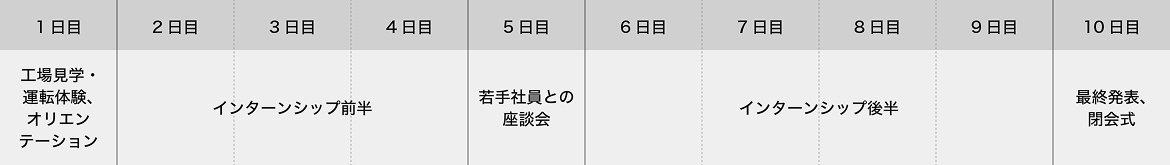 10日間のインターンシップスケジュール。1日目：工場見学・運転体験・オリエンテーション。2〜4日目：インターンシップ前半。5日目：若手社員との座談会。6日目：空白。7〜8日目：インターンシップ後半。9日目：空白。10日目：最終発表、閉会式。
