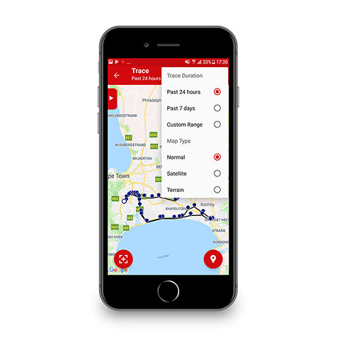 Simu inaonyesha ramani na njia iliyo chorwa kwa rangi ya buluu.