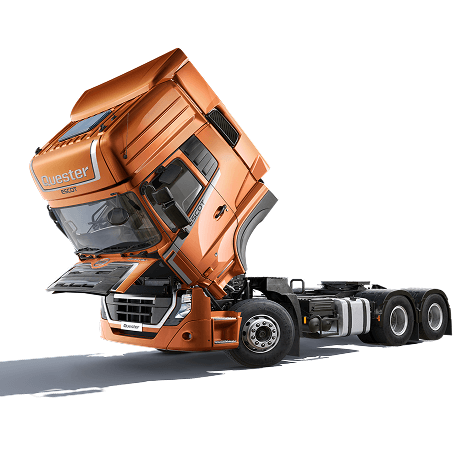 Truk oranye dengan kabin depan terbuka, menampilkan mesin.