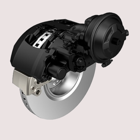 Car disc brake system with black caliper and silver rotor.
