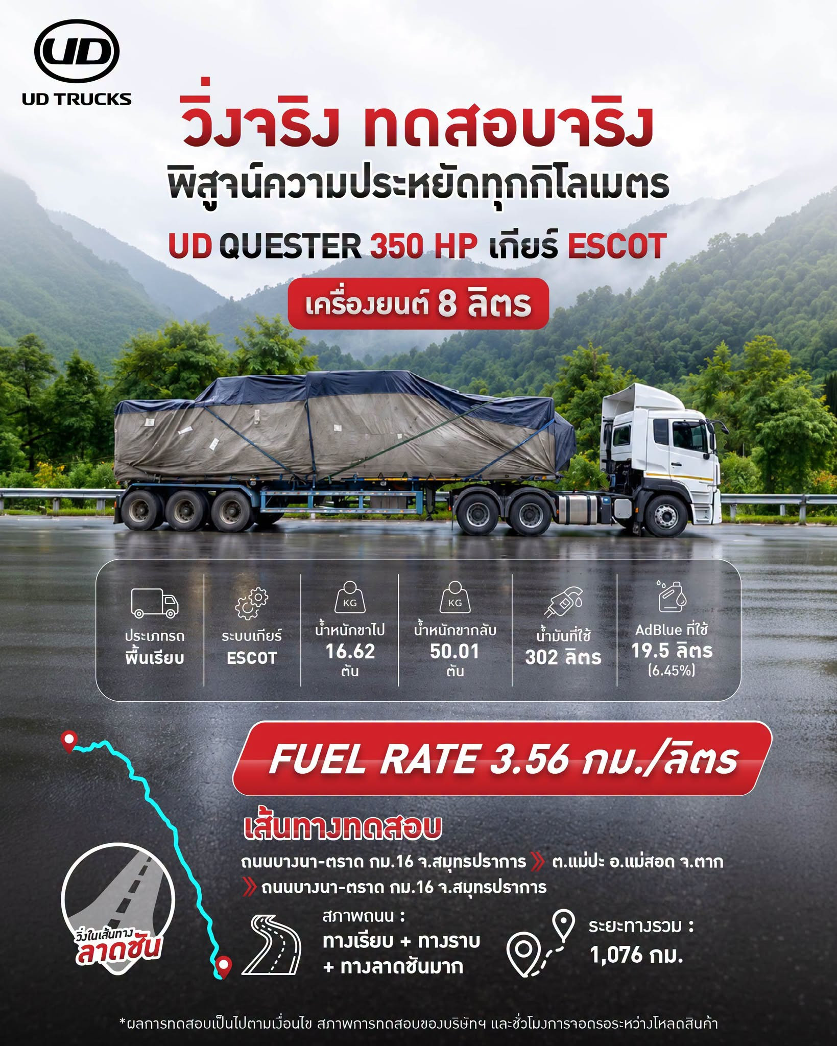 รถบรรทุกยูดี ควอสเตอร์สีขาวขับบนถนน มีเทือกเขาและเมฆหมอกด้านหลัง
