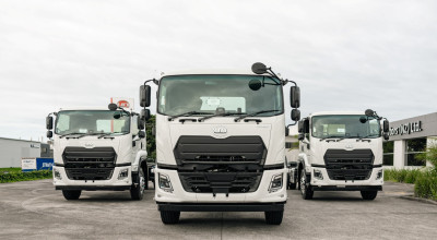 Three UD Condor trucks parked side by side at the recent Condor Launch in New Zeland
