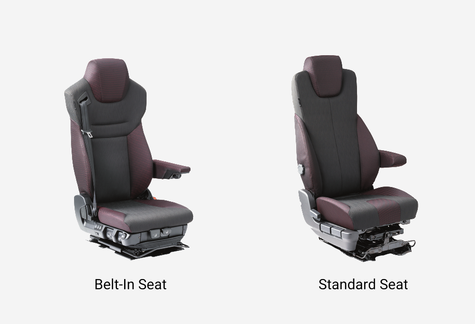 Two car seats, one with built-in belt, one standard, side by side on white background.