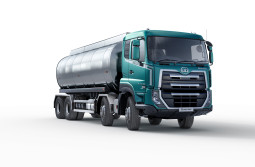Teal and silver tanker truck on a white background.