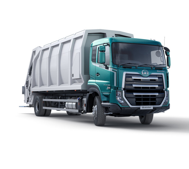 Teal color truck with waste management application Quester
