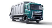 Green and white garbage truck on a white background.