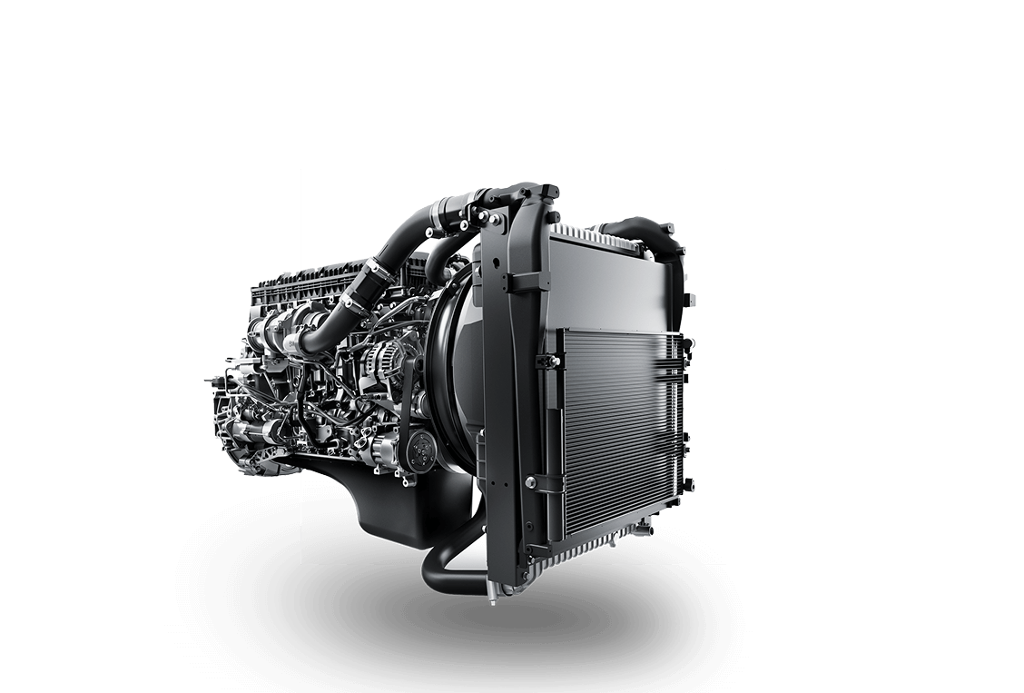 Modern automotive engine with radiator attached, shown on a white background.